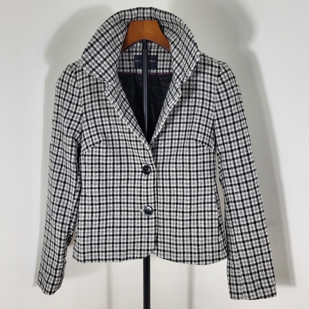 Banana Republic Womens Plaid Wool Blend Blazer Funnel Neck Tweed Jacket Black